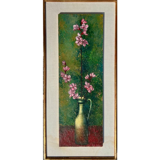 Pierre Henry, French Surrealism Oil Painting Pierre Henry Surrealist Color Flowers in Vase, 1966 For Sale - Image 4 of 12