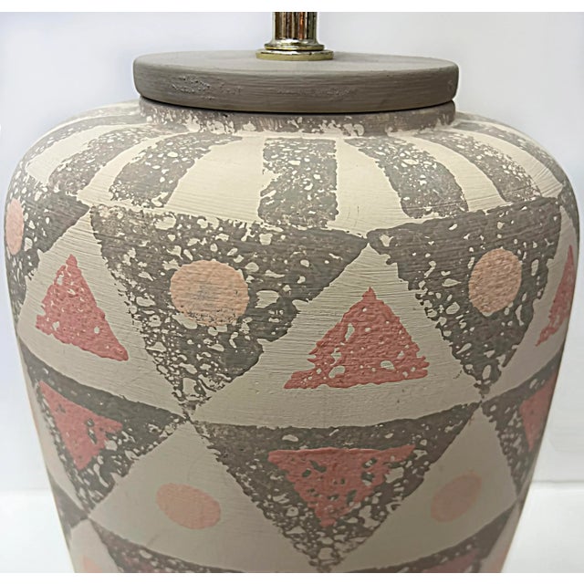 1980s 1980s Hand Painted Geometric Design Pottery Table Lamps- Pair For Sale - Image 5 of 9