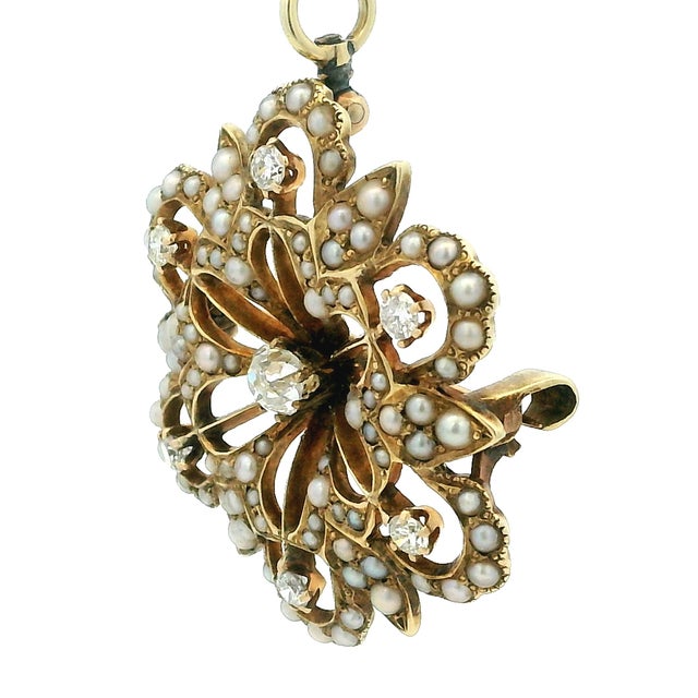 Late 19th Century Victorian 14k Gold Diamond and Seed Pearl Convertible Pendant Brooch For Sale - Image 10 of 17