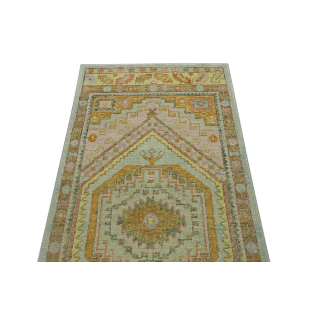 Modern Early 21st Century Pink & Blue Handmade Modern Turkish Oushak Runner 3' X 10'6" For Sale - Image 3 of 6