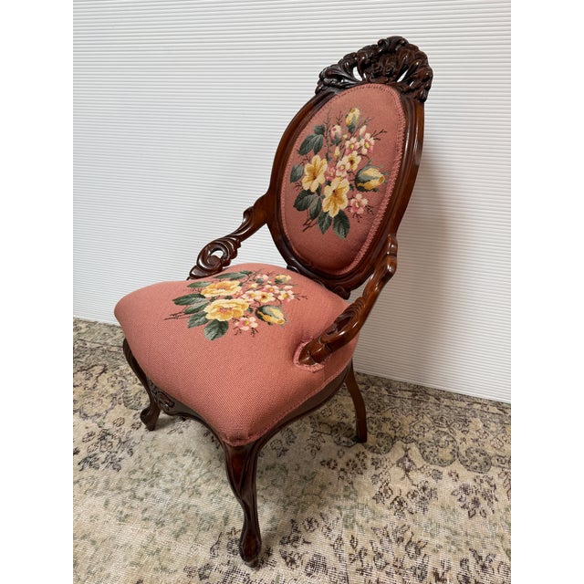 American Wood Carving Company Needlepoint Sitting Chair, Vintage For Sale - Image 4 of 12