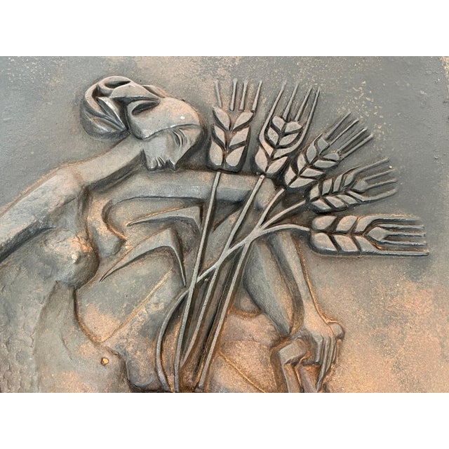 Modernist fireback depicting a woman with a belly and wheat teeth For Sale - Image 6 of 12