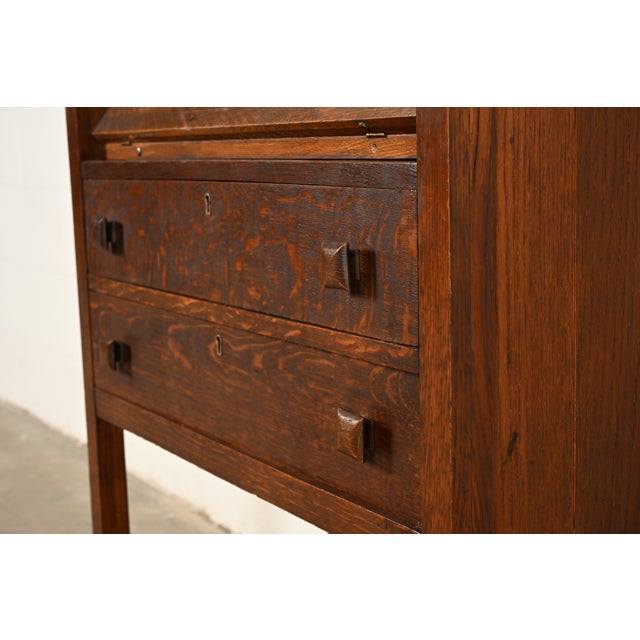 Stickley Brothers Style Antique Mission Oak Arts & Crafts Drop Front Secretary Desk, Circa 1910 For Sale - Image 11 of 17