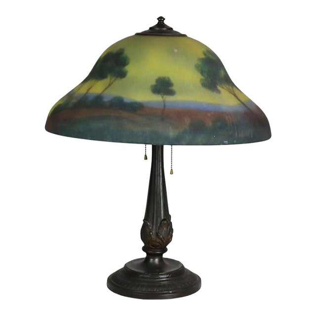 1920 Jefferson School Arts & Crafts Reverse Painted Landscape Lamp For Sale