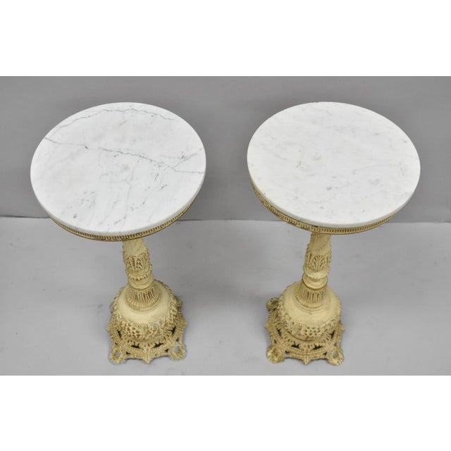 Metal Vintage Hollywood Regency Small Metal Pedestal Marble Top Drinks Side Table Pair For Sale - Image 7 of 18