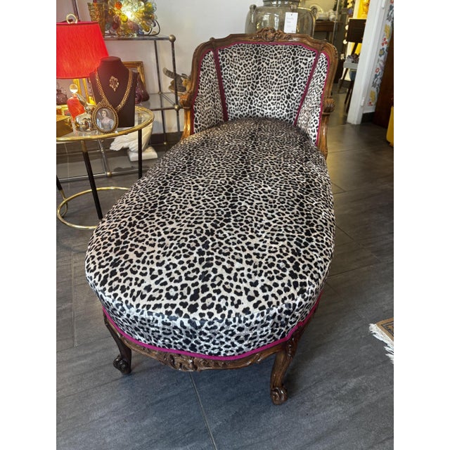 Restored chaise longue with leopard print 20th century, Rococo style Restored condition, reupholstered with unusual...