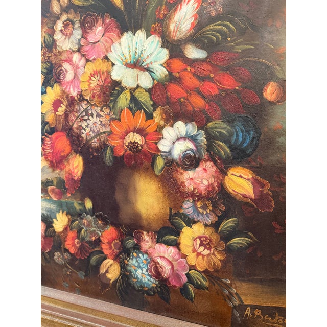 Red Still Life Floral Acrylic on Canvas Painting Antiqued Wood Frame Signed For Sale - Image 8 of 11