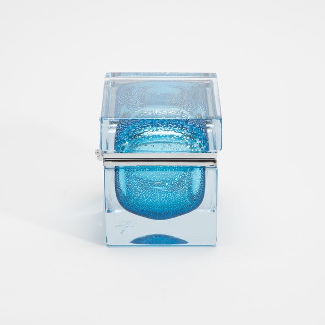 Metal Hand-Blown Murano Box in Aqua Blue With Silver Flecks and Chrome Fittings For Sale - Image 7 of 10