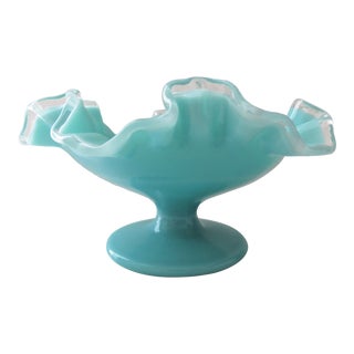 Fenton Turquoise Silver Crest Pedestal Candy Dish Double Crimped Vintage 1950's For Sale