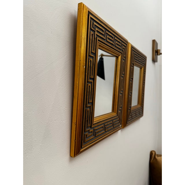 Hollywood Regency Pair of Vintage Traditional Neoclassical Greek Key Gold Finish Accent Wall Mirrors For Sale - Image 3 of 12