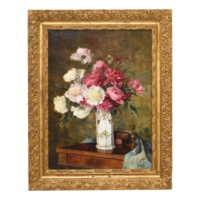 Peonies and Books, Oil on Canvas, 19th Century, Framed For Sale
