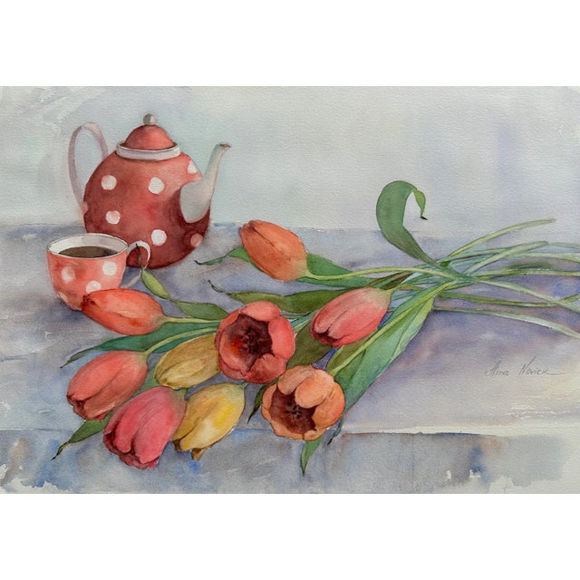 "Teatime in Spring" is an impressionist watercolor painting that delicately captures the essence of springtime...