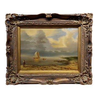 J. Brown 1920s Tranquil Seashore Scene With Human Activities - Oil Painting For Sale