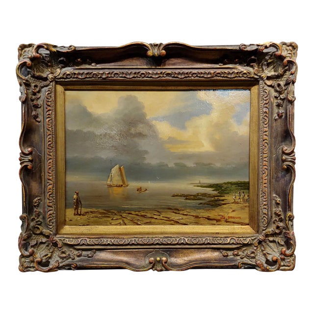 J. Brown 1920s Tranquil Seashore Scene With Human Activities - Oil Painting For Sale