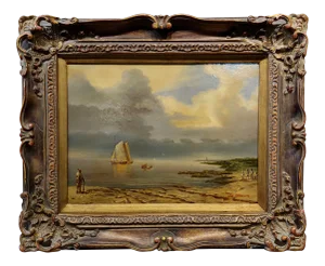 J. Brown 1920s Tranquil Seashore Scene With Human Activities - Oil Painting