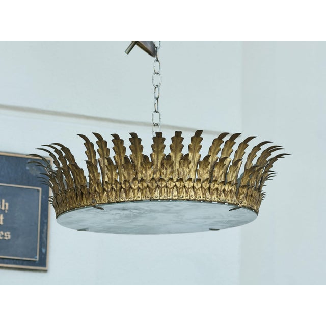 Mid 20th Century Spanish Midcentury Gilt Metal Semi-Flush Crown Chandelier with Tiered Foliage For Sale - Image 10 of 12