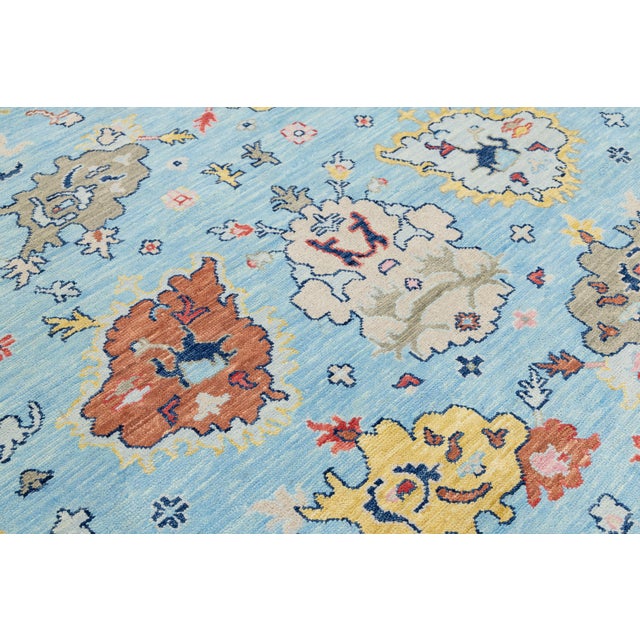 10x14 Modern Oushak Style Hand-Knotted Wool Area Rug in Sky Blue With Terracotta For Sale - Image 9 of 12