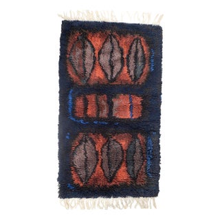 Warm Red, Black, and Blue Tones Hand-Knotted Rya Rug by Evy Viola Wiklund, 1967 For Sale