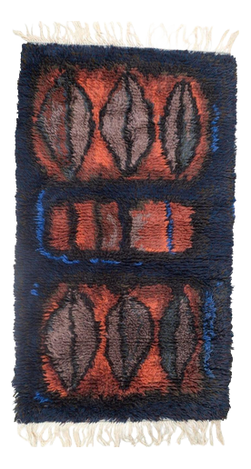 Warm Red, Black, and Blue Tones Hand-Knotted Rya Rug by Evy Viola Wiklund, 1967