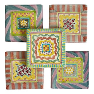 MacKenzie-Childs Hand Painted Multicolor Ceramic Trivet Coasters- Set of 5 For Sale