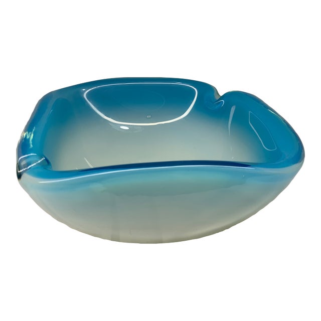 Heavy Italian Seguso Alabastro Series Blue and White Opaline Sommerso Cased Glass Dish For Sale