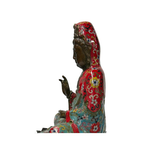 Vintage Cloisonne Enamel Lotus Base Bodhisattva Metal Buddha Statue For Sale - Image 14 of 16