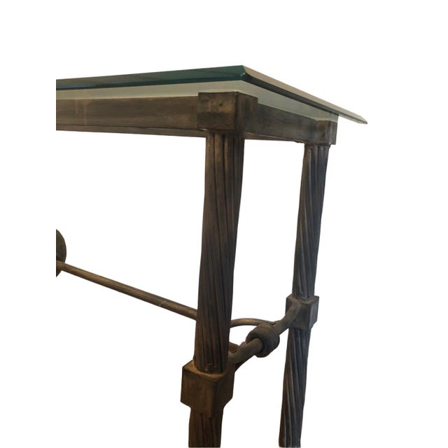 Mid 20th Century Vintage Patina Bronze Metal Console Side Table With Thick Beveled Glass Top For Sale - Image 5 of 12