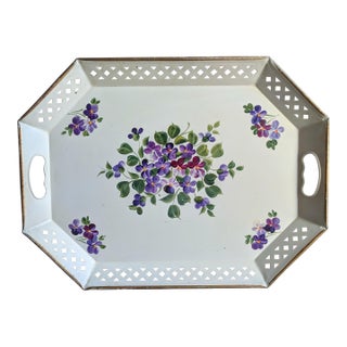 Vintage Hand Painted Botanical White Tole Tray With Handles For Sale