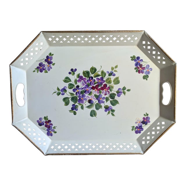 Vintage Hand Painted Botanical White Tole Tray With Handles For Sale