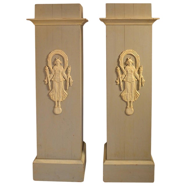 Pair Of Decorative Painted French Pedestals With Carved Indochine