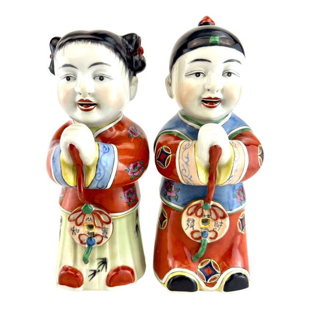 Vintage Asian Famille Rose Porcelain Figures, Republic Period Style, a Pair For Sale