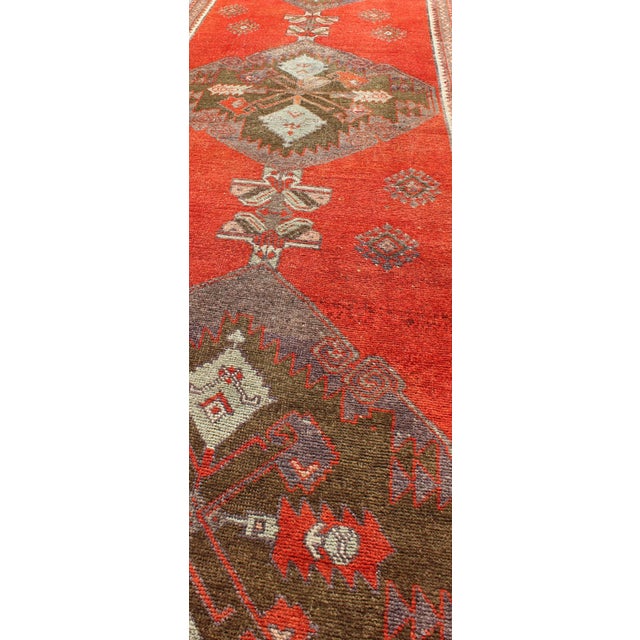 1930s Vintage Turkish Oushak Runner in Burnt Orange, Moss Green, and Pale Blue 3' X 11'10 For Sale - Image 5 of 8