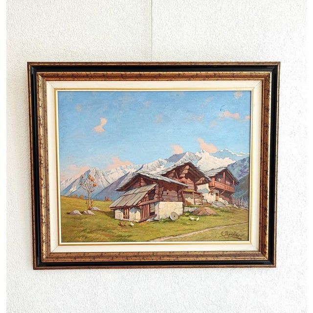 E. Mariola, Payasage de montagne et chalets, 1942, Oil on Wood, Framed For Sale - Image 12 of 12