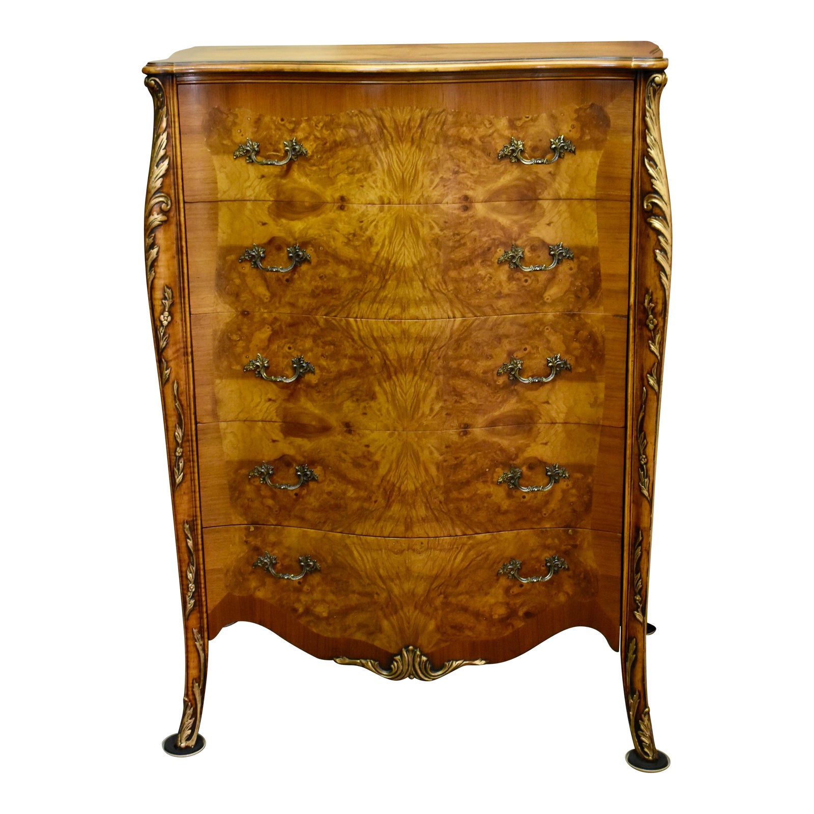 Antique Carved & Inlaid Satinwood Five Drawer French Style Tall Chest