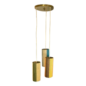 Vintage 50s 60s Mid-Century Triple, Multiple Color Yarn String Shades Hanging Ceiling Light Fixture