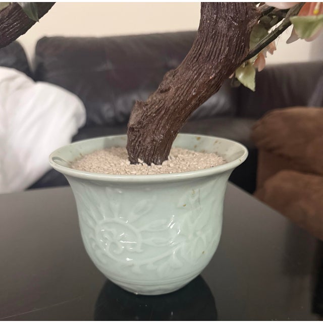 Chinese VTG Bonsai Jade Stone Rose Quartz Agate Glass Flower Leaf Tree Celadon Pot 19in For Sale - Image 3 of 7