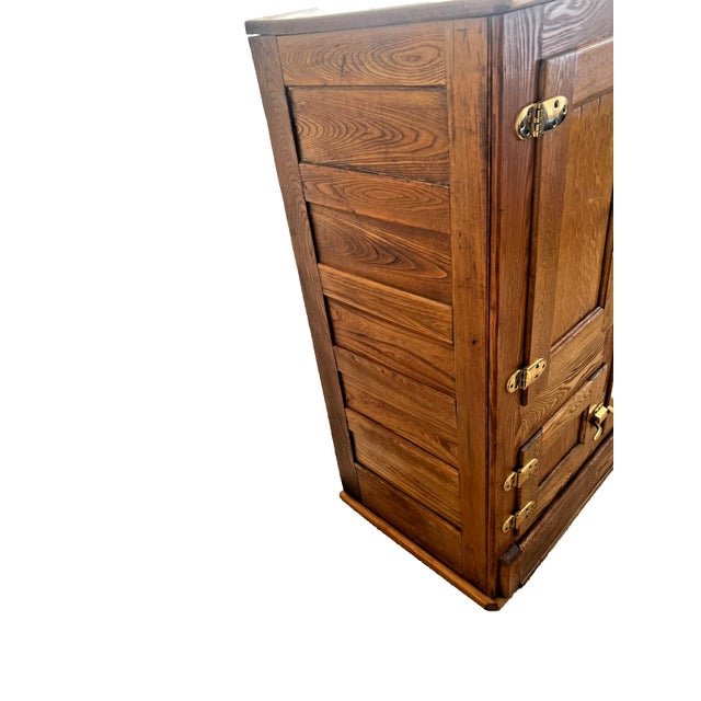 Arts & Crafts Antique Ice Box Three Storage Cabinets Oak Brass Four Racks For Sale - Image 3 of 10