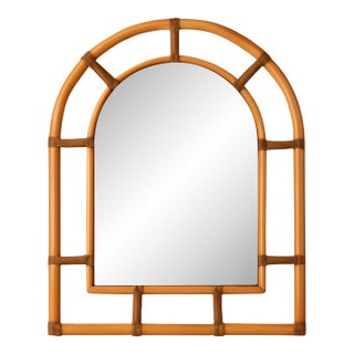 Vintage Rattan Arched Wall Mirror For Sale