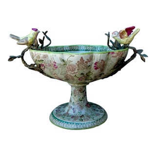 Vintage Floral Glazed Ceramic Pedestal Cache Pot For Sale