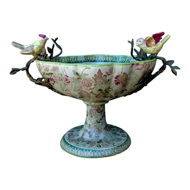 Vintage Floral Glazed Ceramic Pedestal Cache Pot For Sale