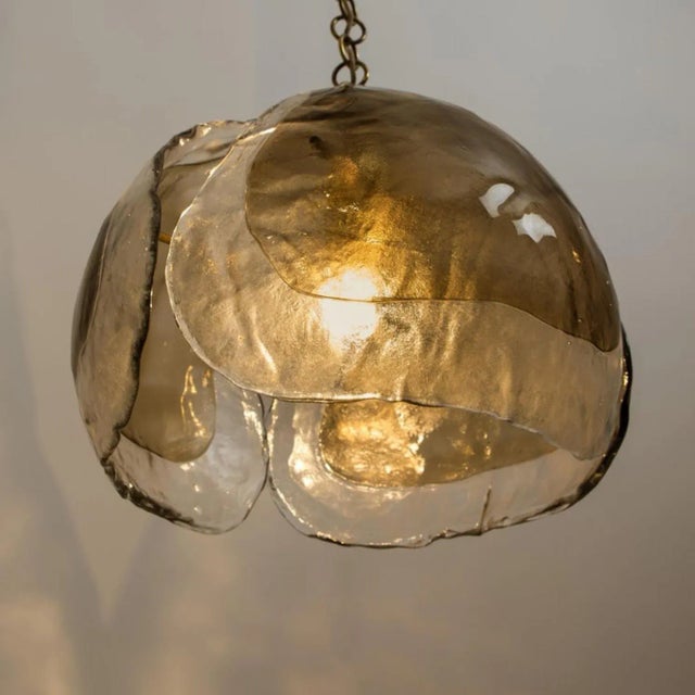 Murano Pendant Lights in Amber Glass and Brass, 1970s, Set of 2 For Sale - Image 6 of 12
