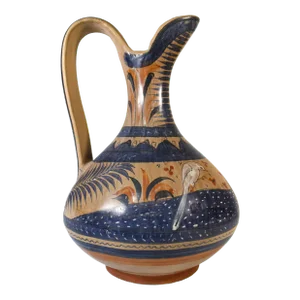 Vintage Large Mexican Folk Art Hand-Painted Tonala Pottery Water Jug Pitcher