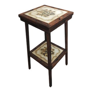 80s Italian 2-Tier Tile Plant Stand Carved Wood For Sale