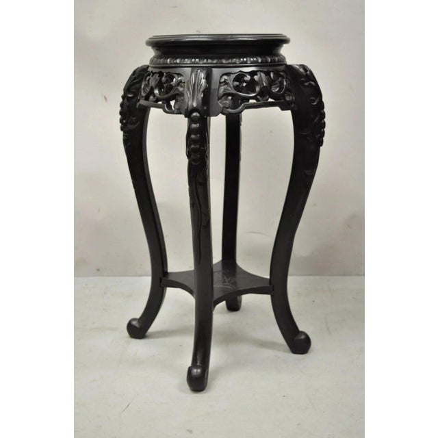 Japanese Carved Wood Black Ebonized 29" Plant Stand Side Table Lacquer Top. Item features decorated lacquer top, lower...