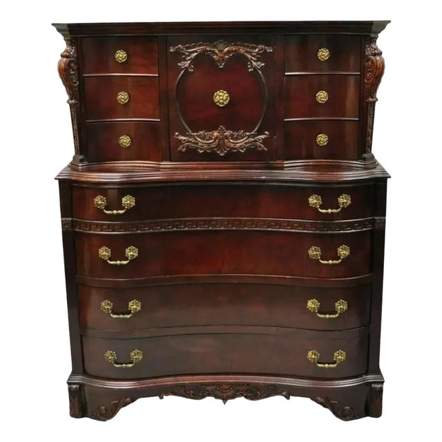 Antique Mahogany Chinese Chippendale Hollywood Regency Highboy Chest Dresser For Sale