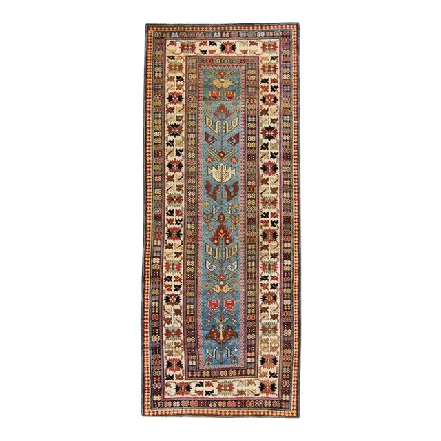 1880s Antique Shirvan Geometric Blue Hand Knotted Wool Pile Runner Rug - 3’9” x 9’4” For Sale