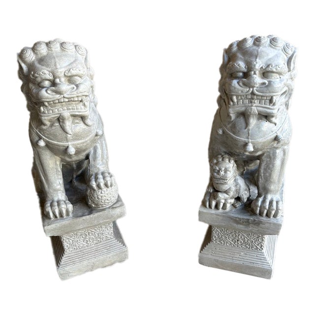 Monumental 34" Vintage Cast Statue/Sculpture Concrete Foo Dog Guardian Lions - A Pair For Sale