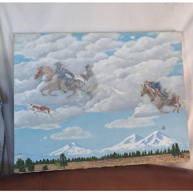 Figurative Vintage Oil Painting 2006 Riders in the Sky Original Oil Panting Riders in the Sky For Sale - Image 3 of 12