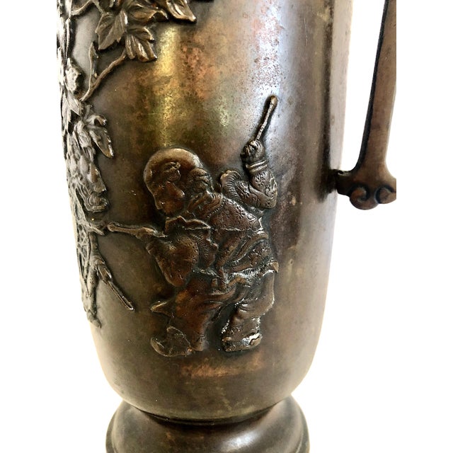 Japanese Meiji Era Patinated Bronze Vase With Peonies and a Child For Sale - Image 4 of 15