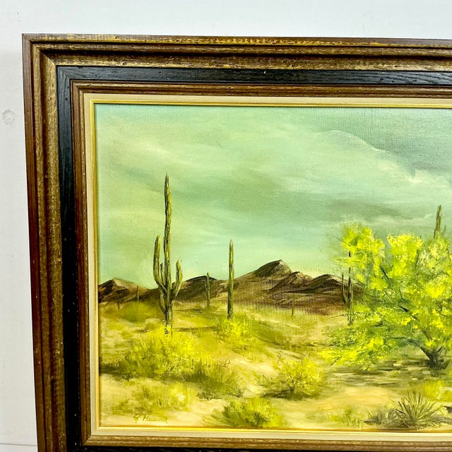 Chartreuse 1970s Vintage Southwestern Impressionist Saguaro Landscape Folk Art Original Oil Painting, Artist Signed For Sale - Image 8 of 13